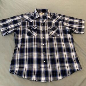 Ely Cattleman Western Shirt Mens XL Blue Plaid Pearl Snap Short Sleeve Casual